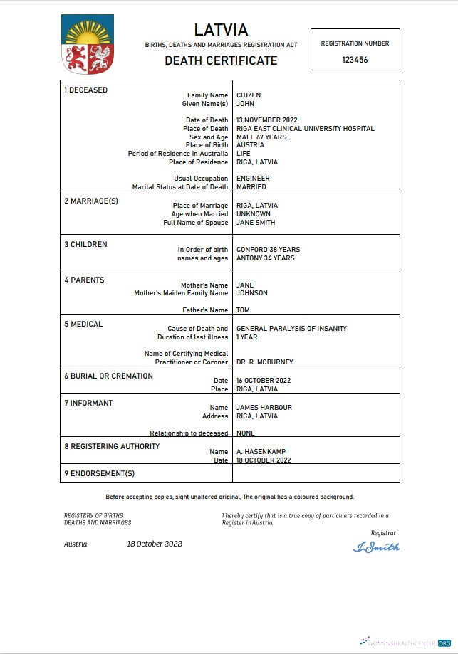 Download Latvia vital record death certificate Word and PDF template Photoshop template